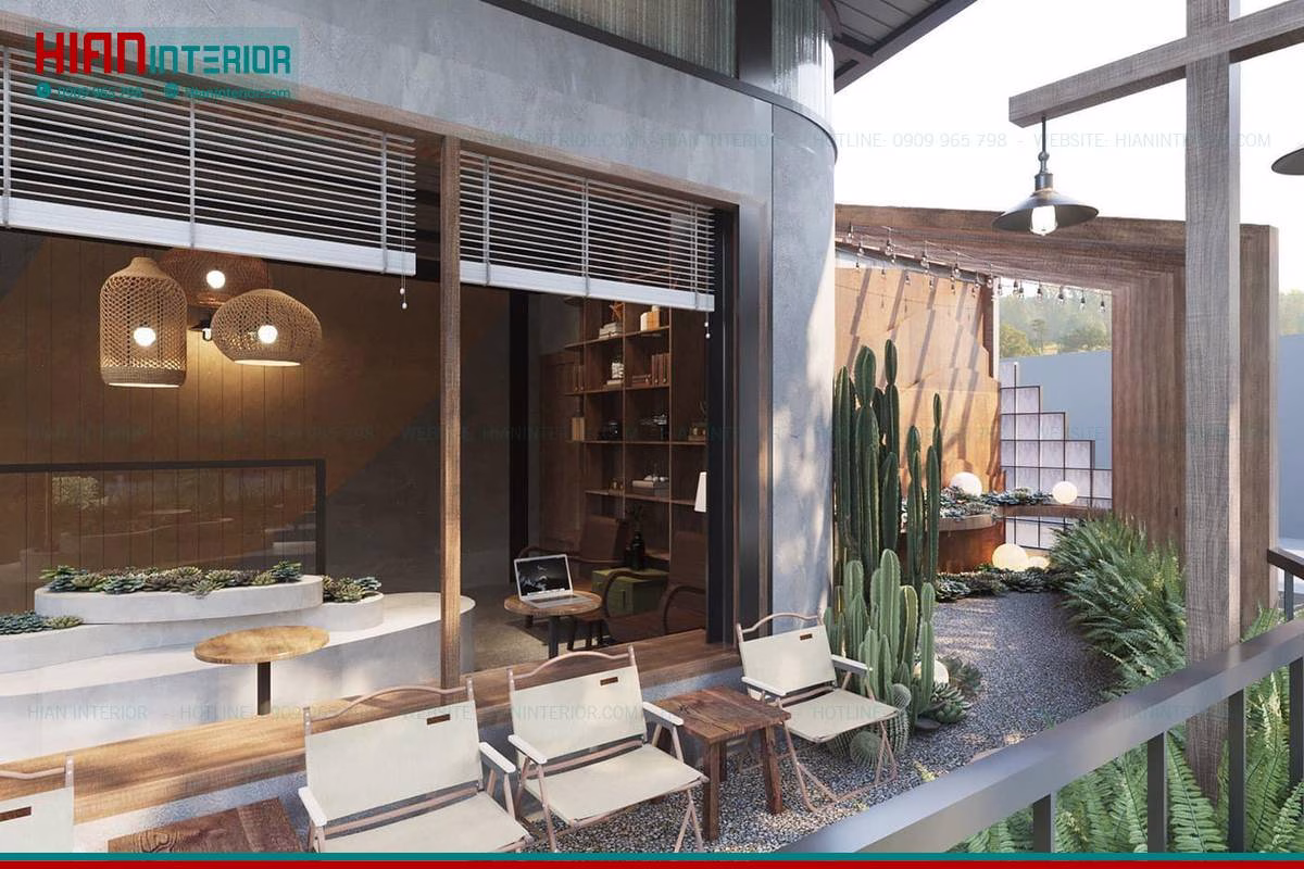 Thiết Kế Cafe Sân Vườn Phong Cách Industrial